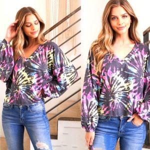 Black Multi Colored Tie Dye V-Neck Long Puff SleeveTop